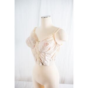 Vintage Va Bien Beige Lace Longline Bra, Silky Nylon Lingerie, 42B Retro Pinup